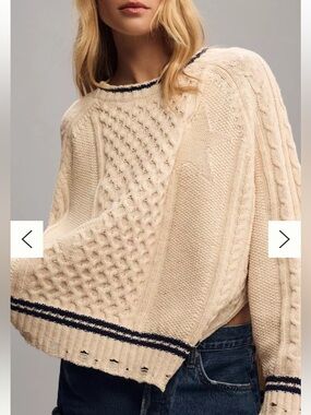 Pilcro Cream Cable Knit Crew Sweater with Navy Trim